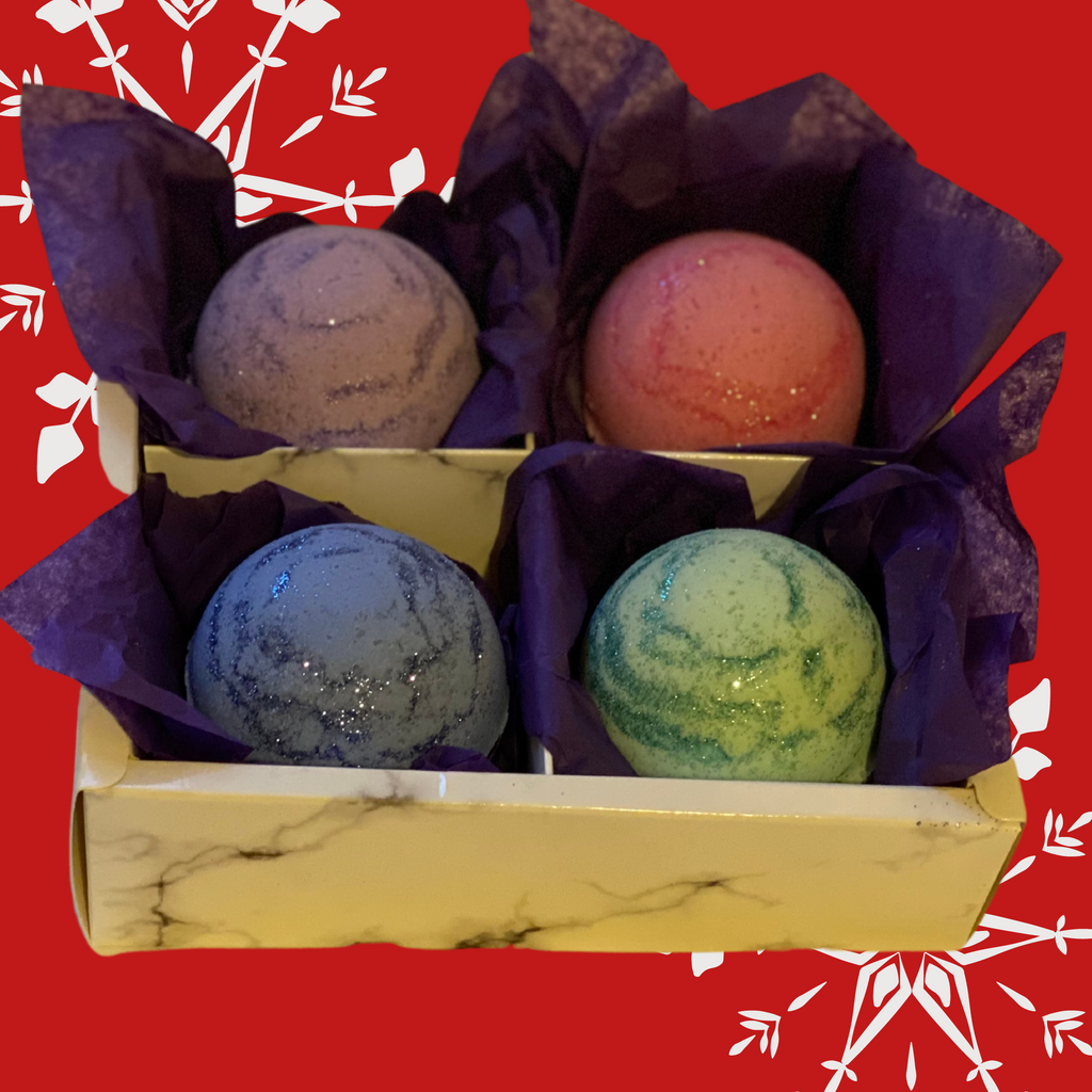 This dreamy gift set is made with four classic essential oil fragrances: Lavender (Purple), Vanilla (Pink), Eucalyptus (Blue), and Lemongrass (Green).